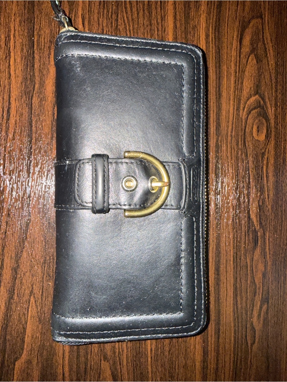 Vintage Coach Black Leather Zip Wallet with Brass Ring Detail